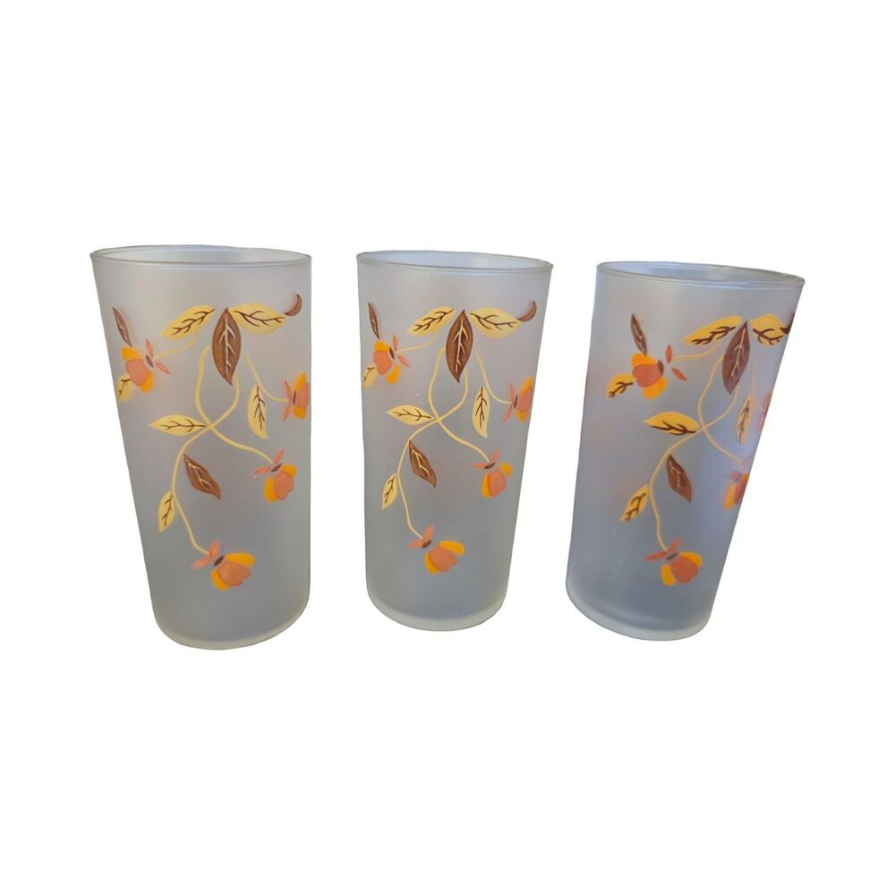 Vintage Hall's Jewel Tea Autumn Leaf Frosted Tumblers Glasses Set 3 Mary Dunbar